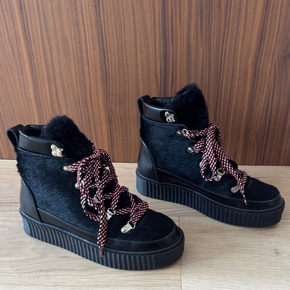 Black Pony Hair and Leather Lace-Up Boots